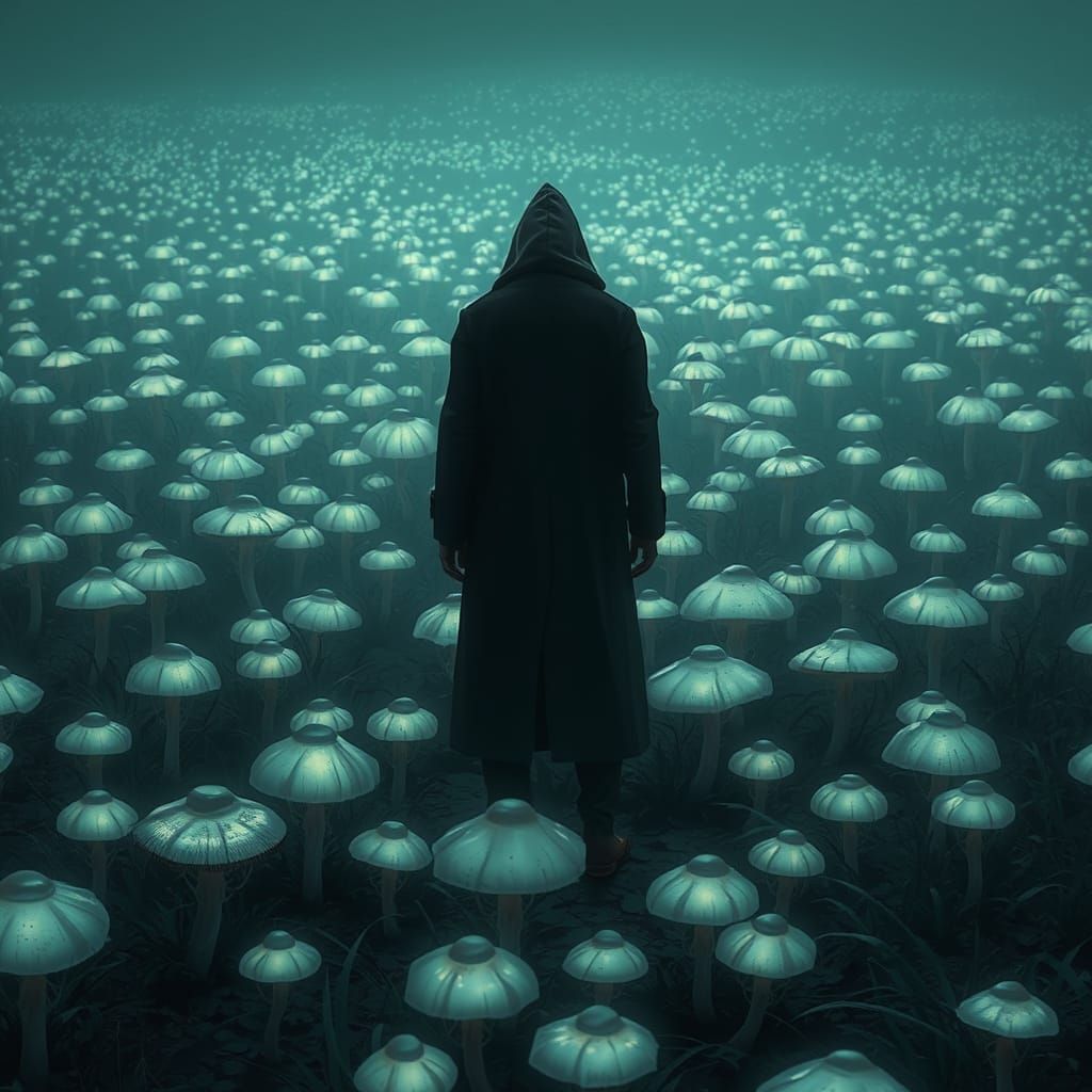 Mysterious Figure in Eerie Bioluminescent Landscape