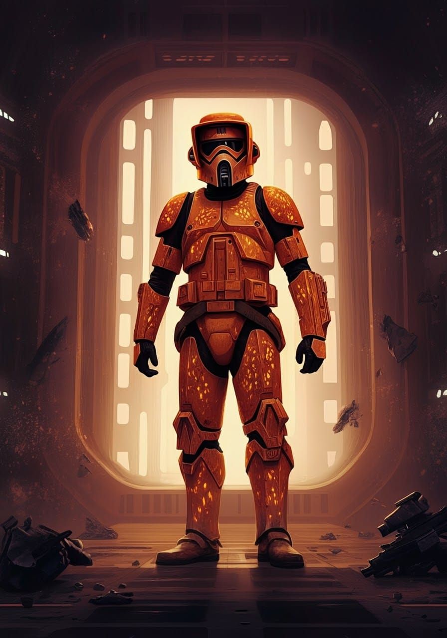Scout Trooper in Amber Armor: Dark Fantasy Style