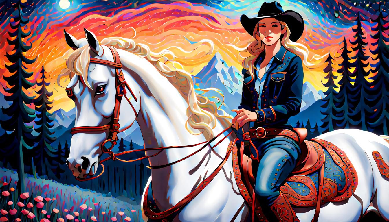 Cowgirl in Starry Wonderland: Gouache and Watercolor Style