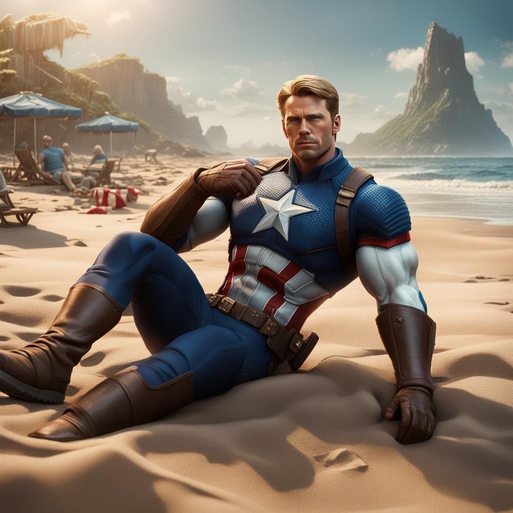 Handsome muscular Steve Rogers relaxing on the beach