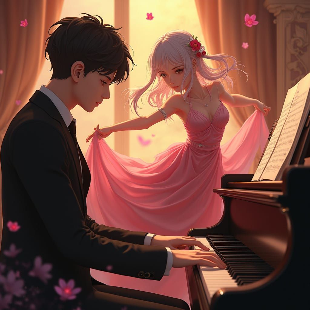 Anime Boy Plays Piano for Dancing Girl in Gown