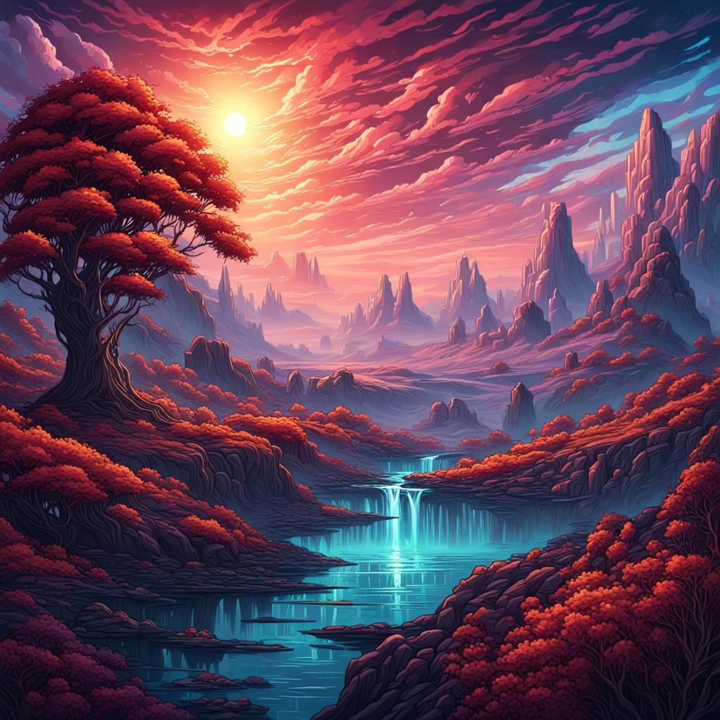 Magical Landscape Painting with Sparkling Sky
