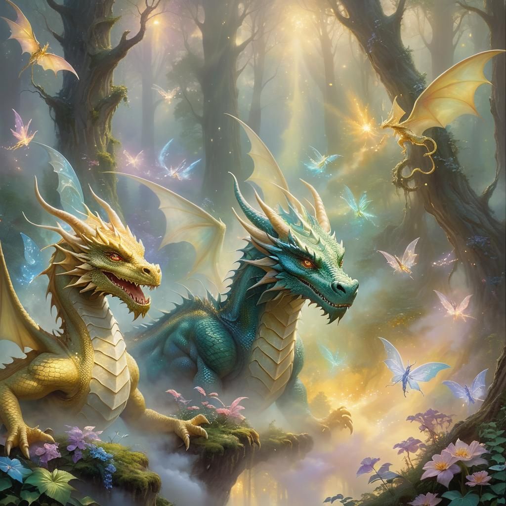 Ethereal Dragon and Fairies in Misty Forest