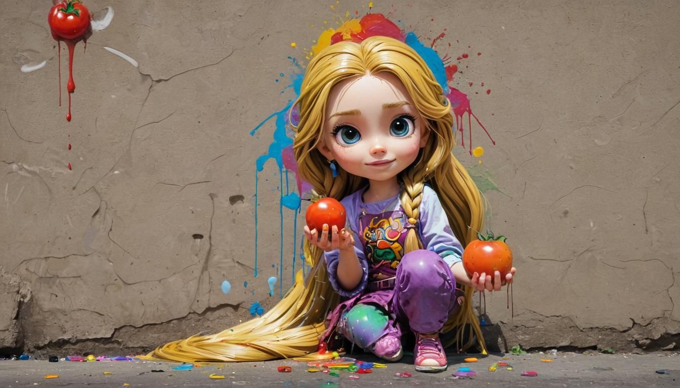 Chibi Rapunzel Eats Tomato in Graffiti Art Style