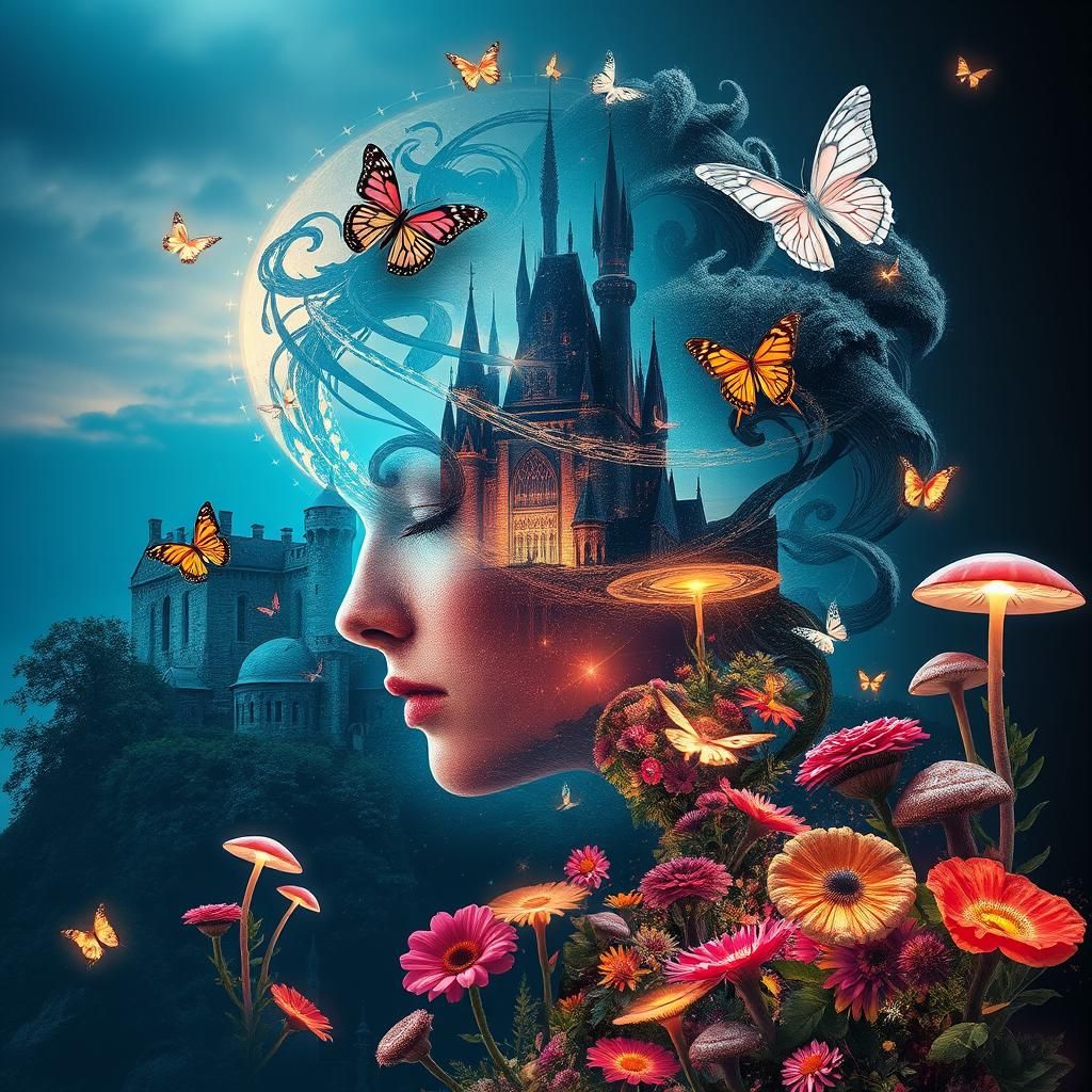 an abstract  woman's head, a castle double exposed, butterfl...