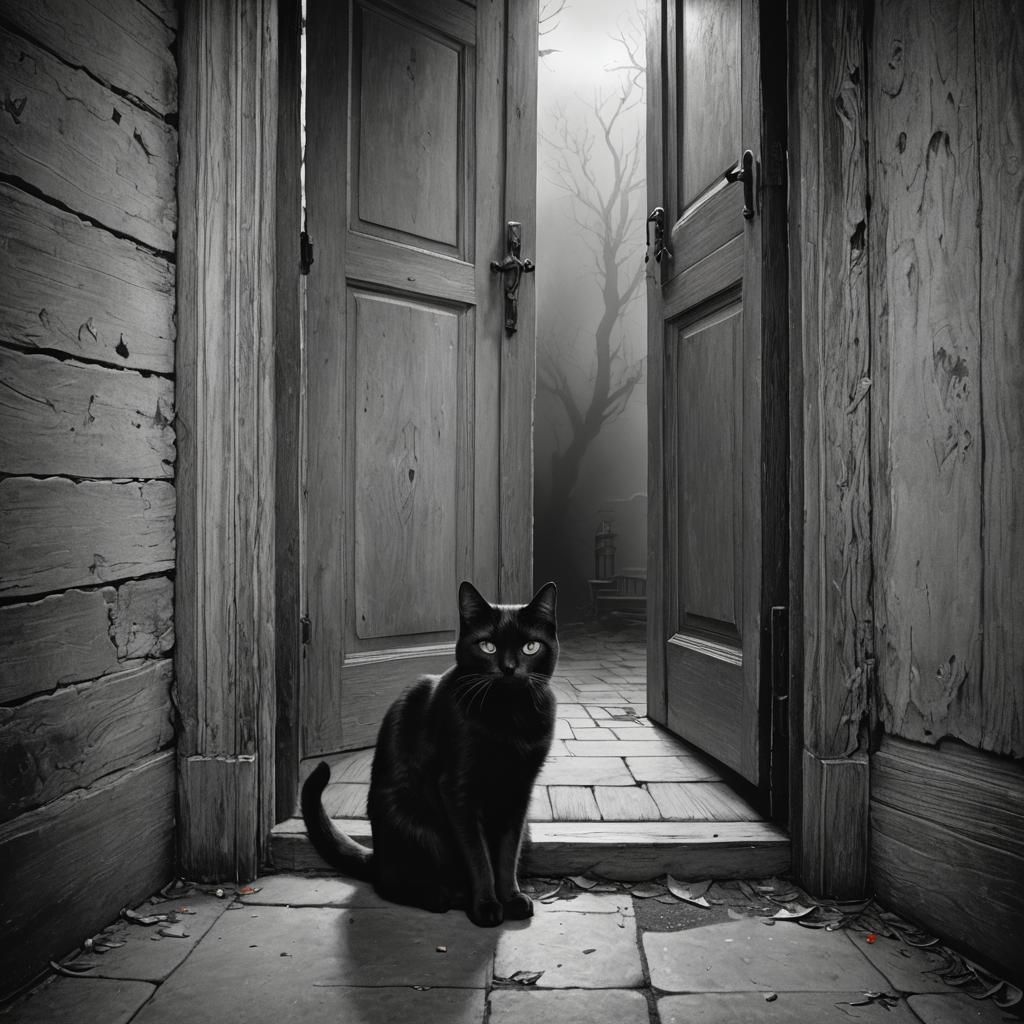 Black Cat in Doorway: Horror Illustration