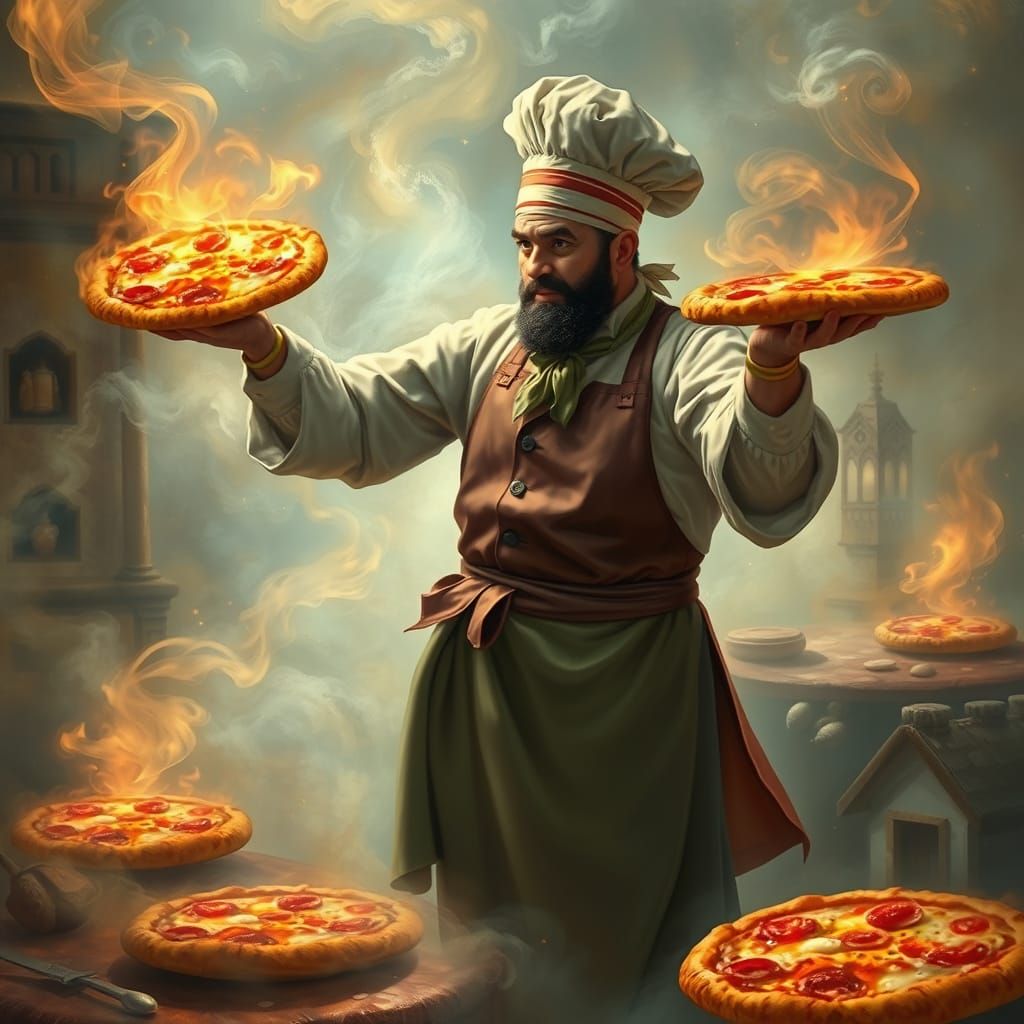 Italian Chef Juggling Pizzas in Whimsical Style