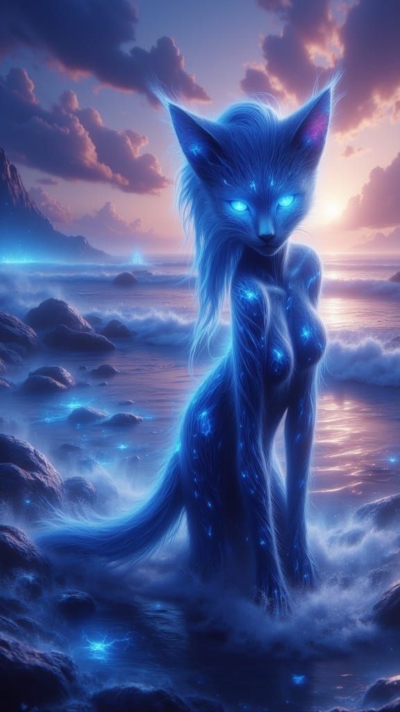 Blue Cat Woman by the Ocean at Twilight