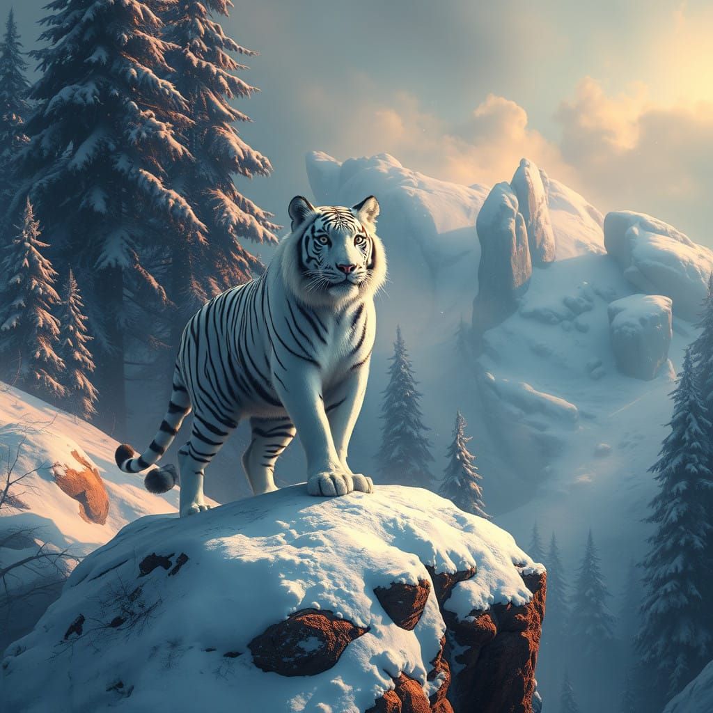 Ethereal Snowy White Tiger Amidst Winter Wonder