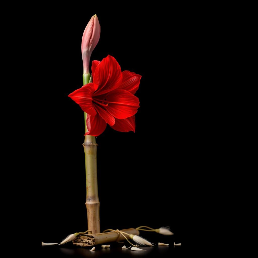 Scarlet Amaryllis Flower on Bamboo Stalk