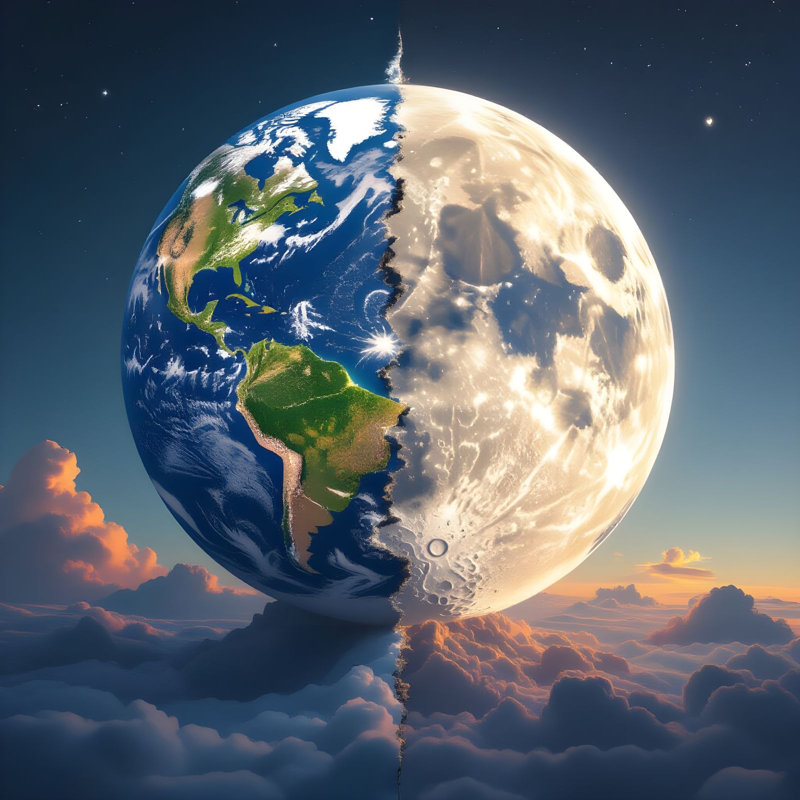 Earth and Moon Split Image in Detailed Matte Painting