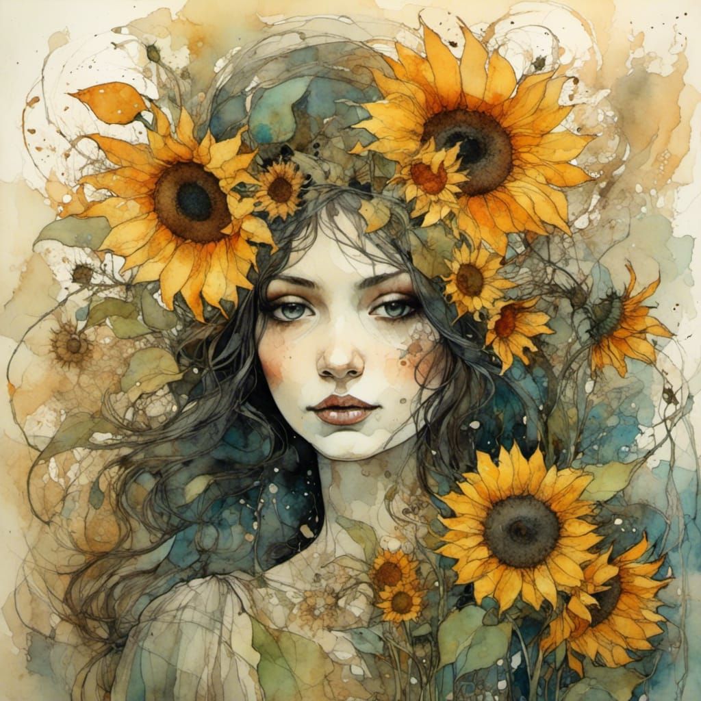 Sunflower Lady in Neurographic Dark Surrealism Style
