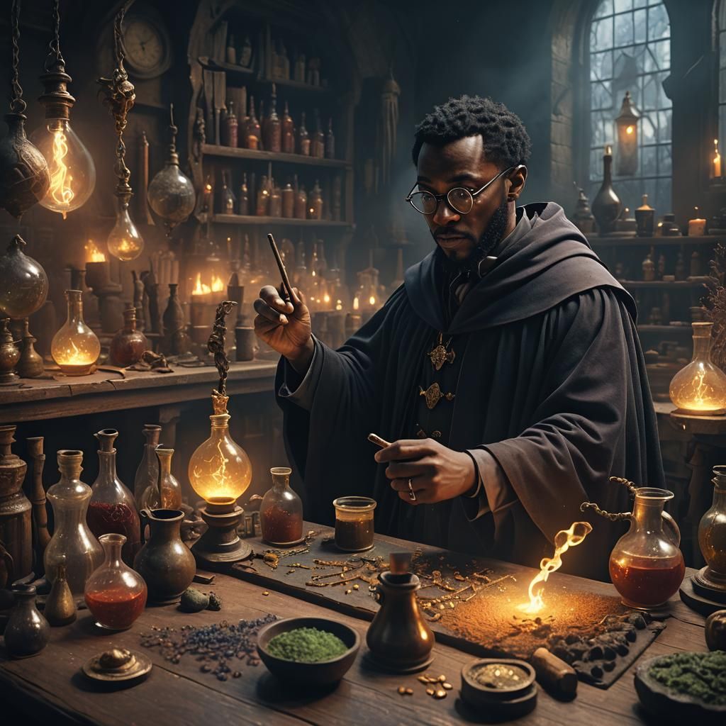 Black Wizard Creates Potion in Mystical Laboratory