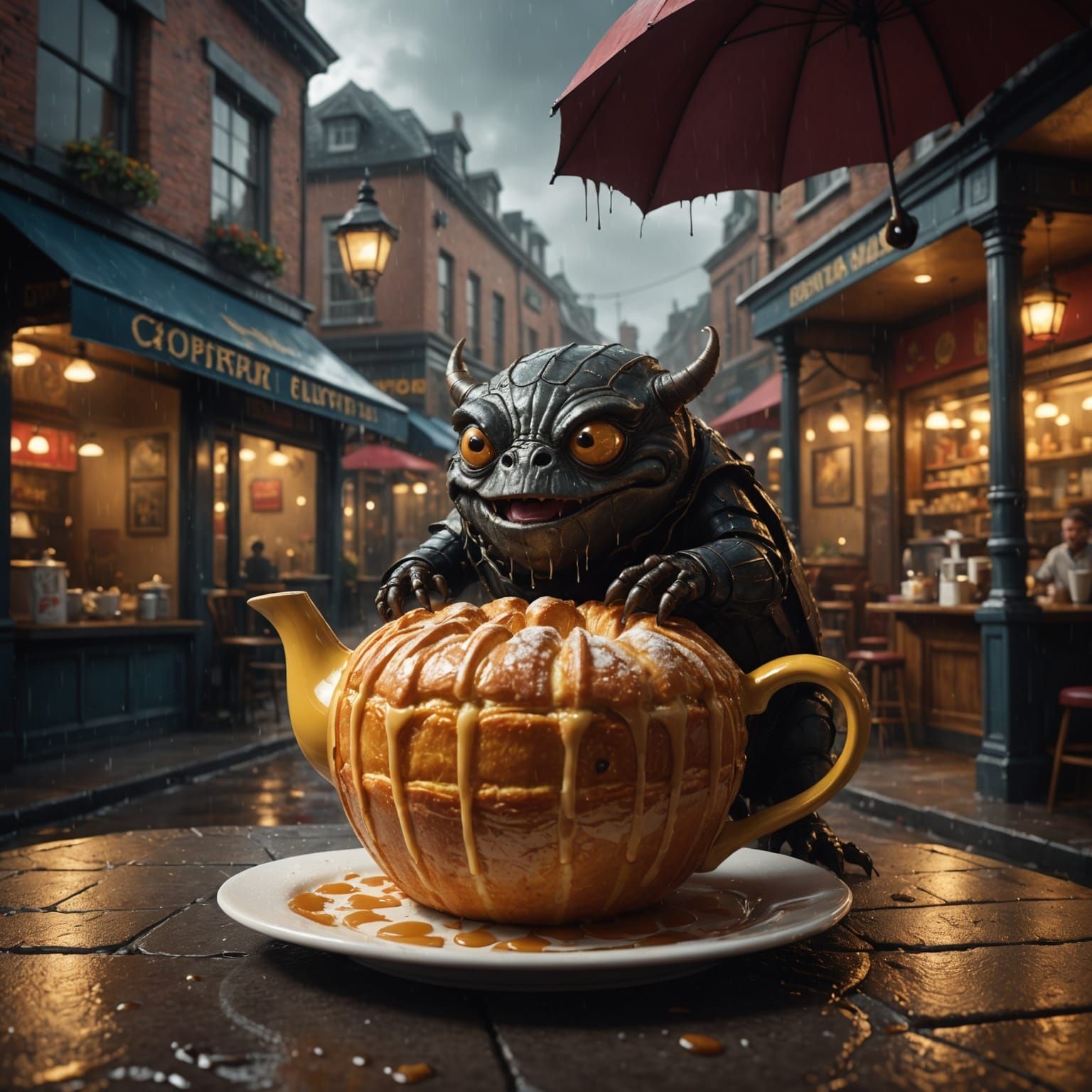 Terrified Teapot Hiding From Croissant-Spider, Detailed Matt...