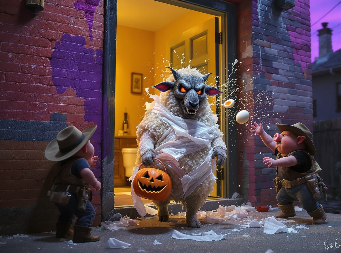 Halloween Prank: Sheep in Wolf Mask Toilet-Papered by Pigs