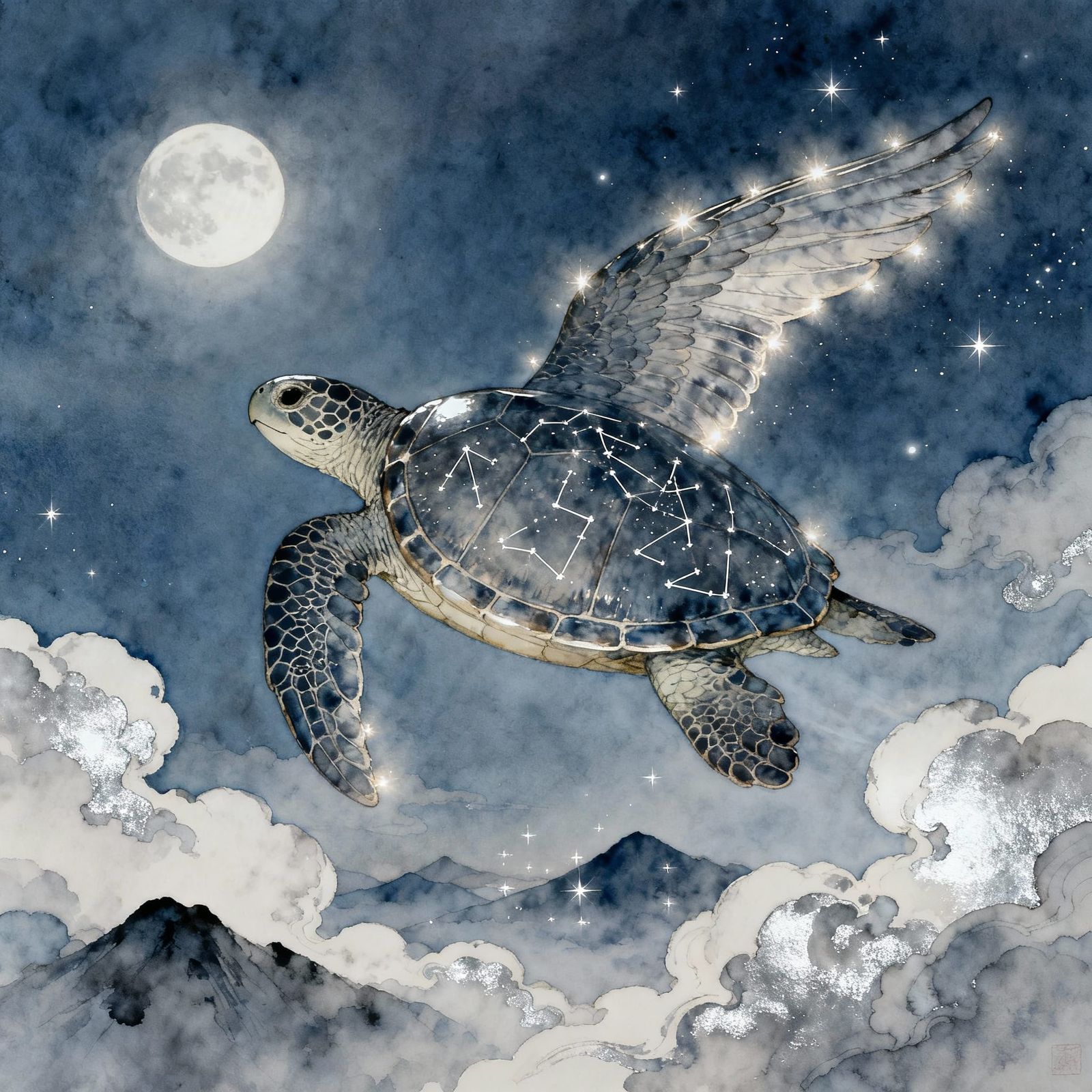 Giant Winged Turtle Soars Through Starry Night Sky