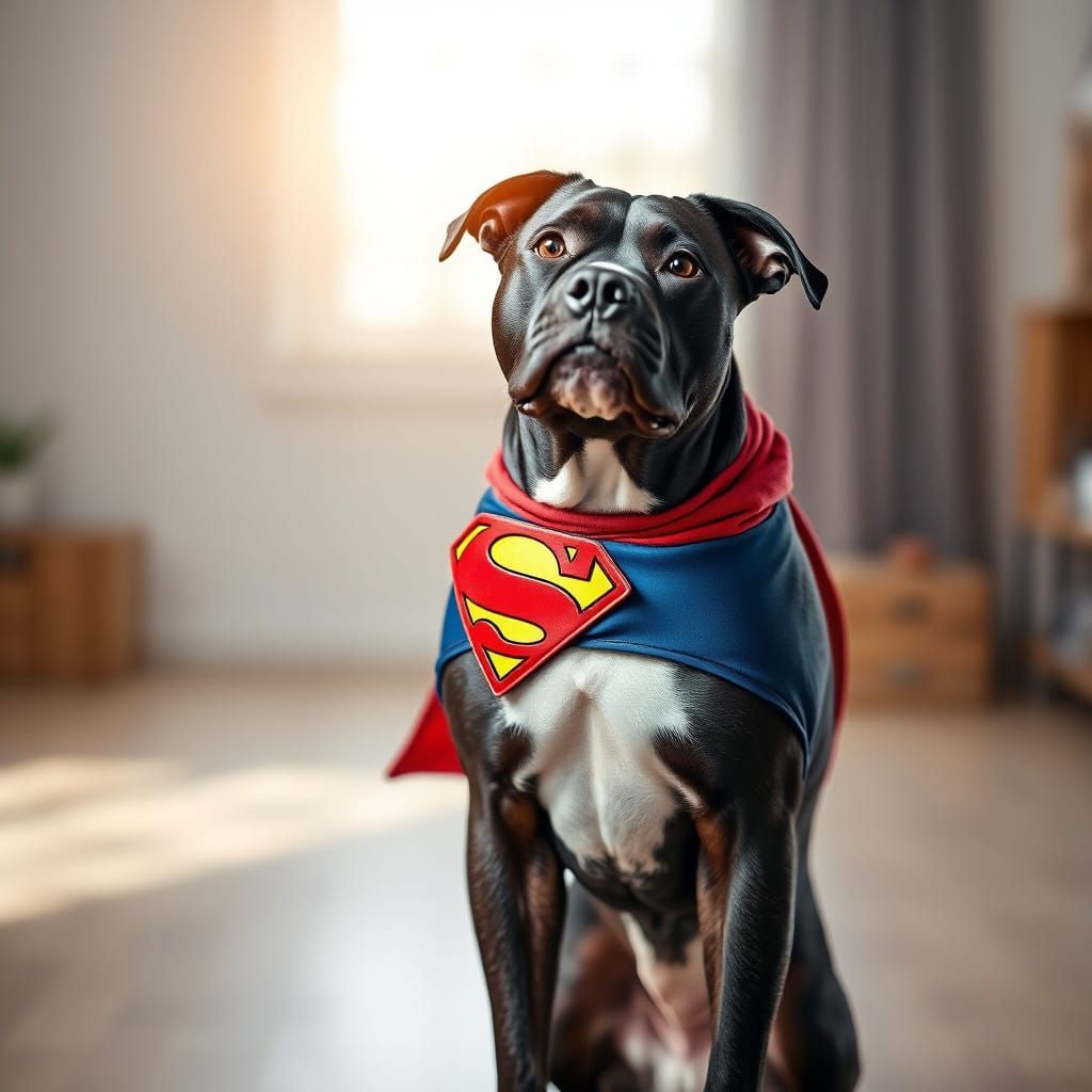 Proud Superman Dog in Studio Portrait