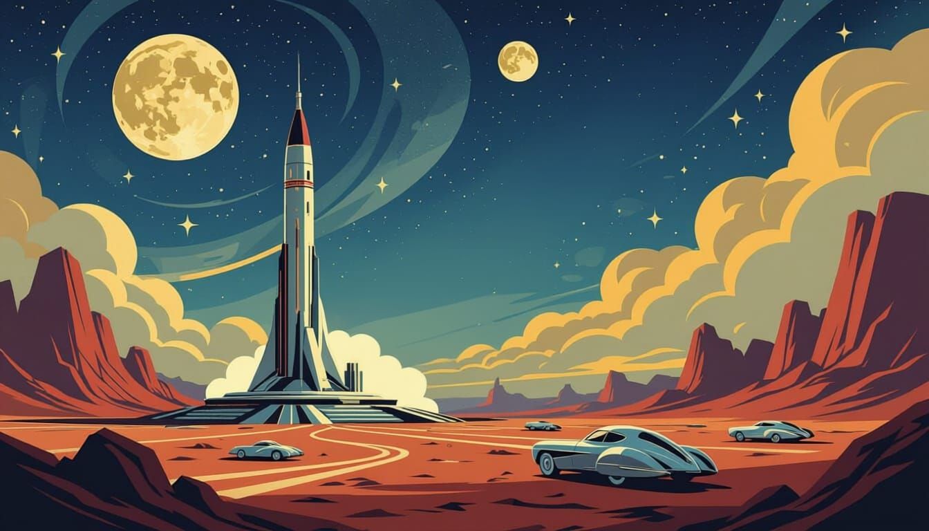 Art Deco Rocket Launch on Alien Planet
