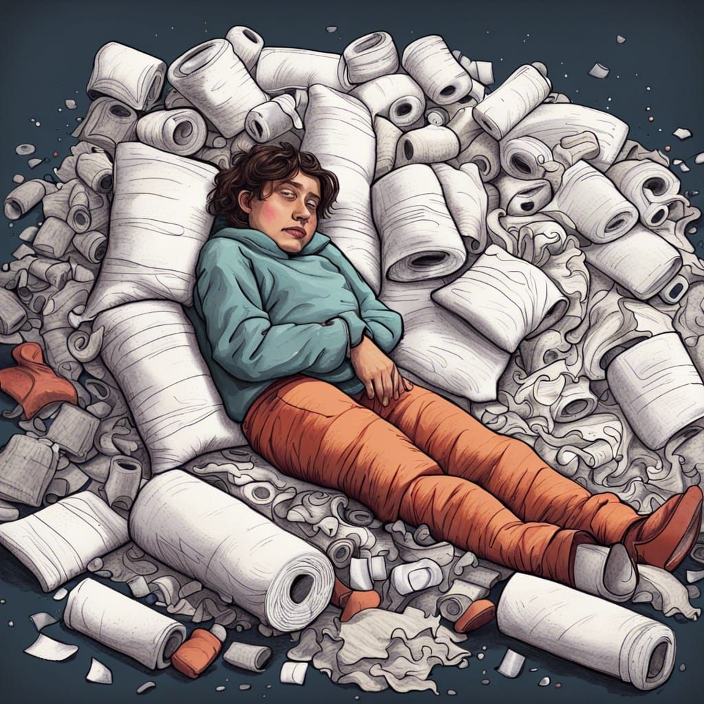 Crayon-Style Digital Drawing of Sad Person with Toilet Paper
