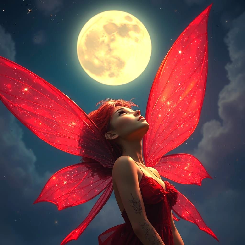 Red-Eyed Fairy in Moonlit Fantasy Art