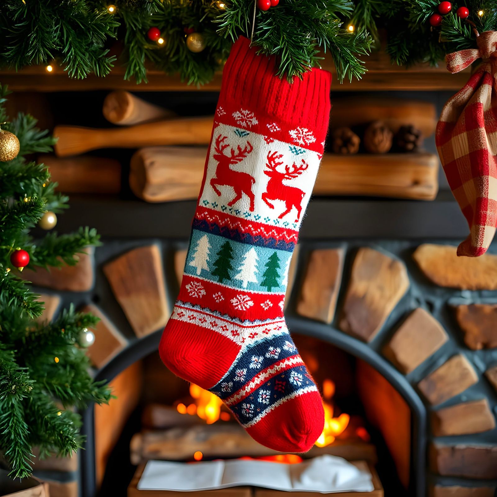 Festive Knitted Christmas Sock with Winter Holiday Motifs