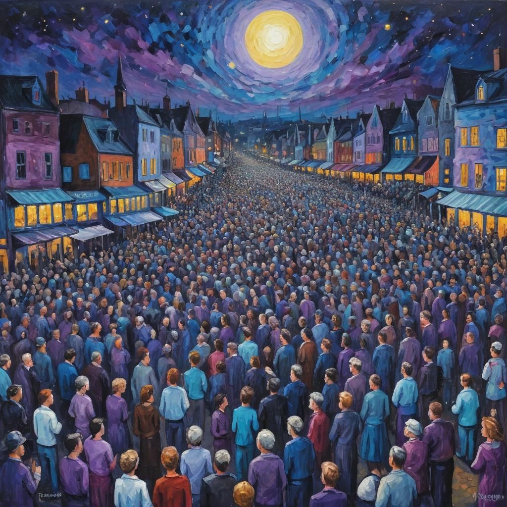 City Concert Under Blue Moon in Expressionist Style