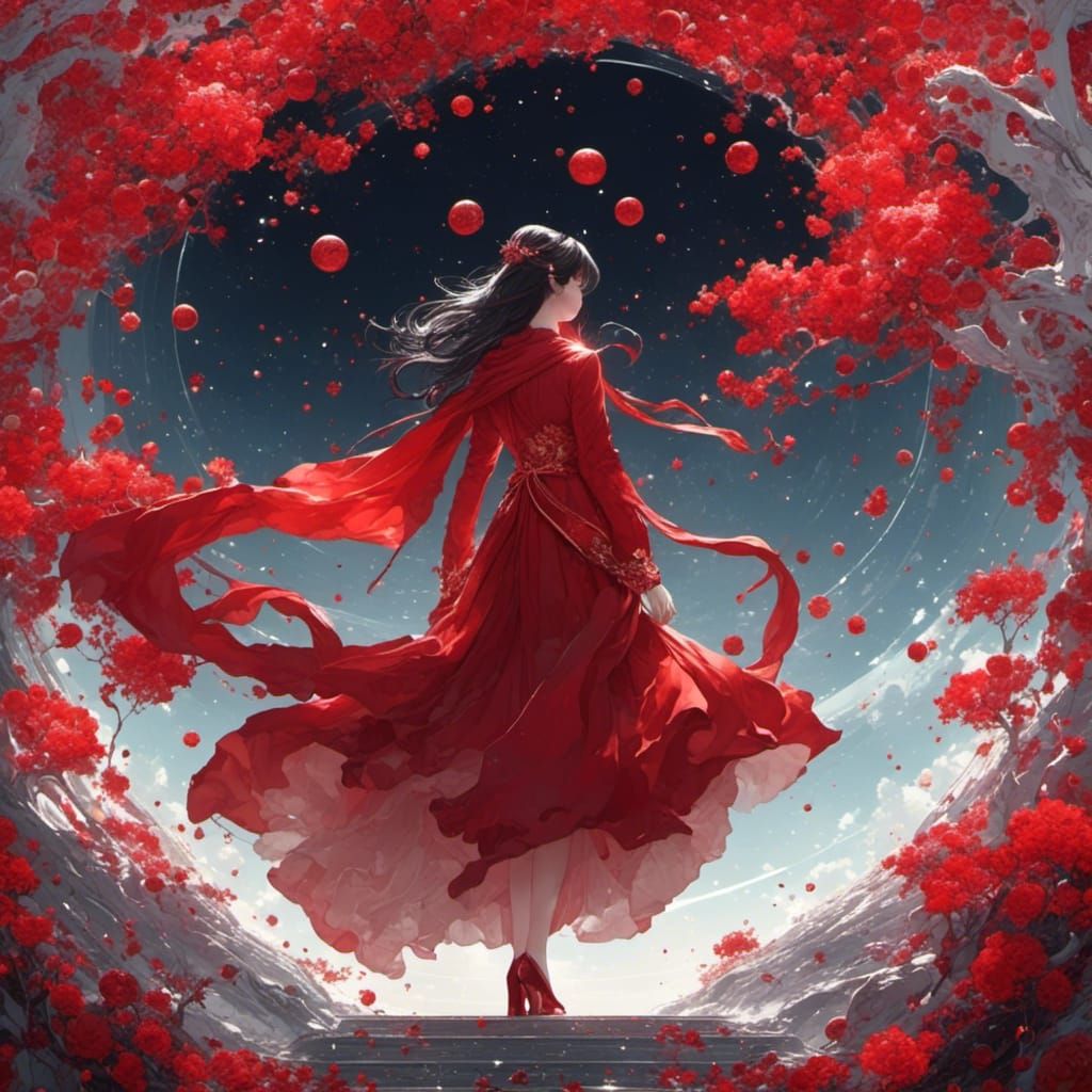 Enigmatic Girl in Red Dress with Hairpins