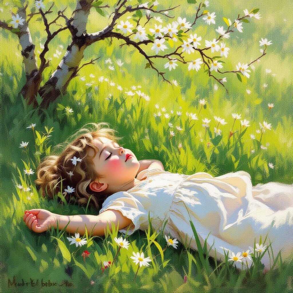 Child Relaxing in Spring Meadow Oil Painting