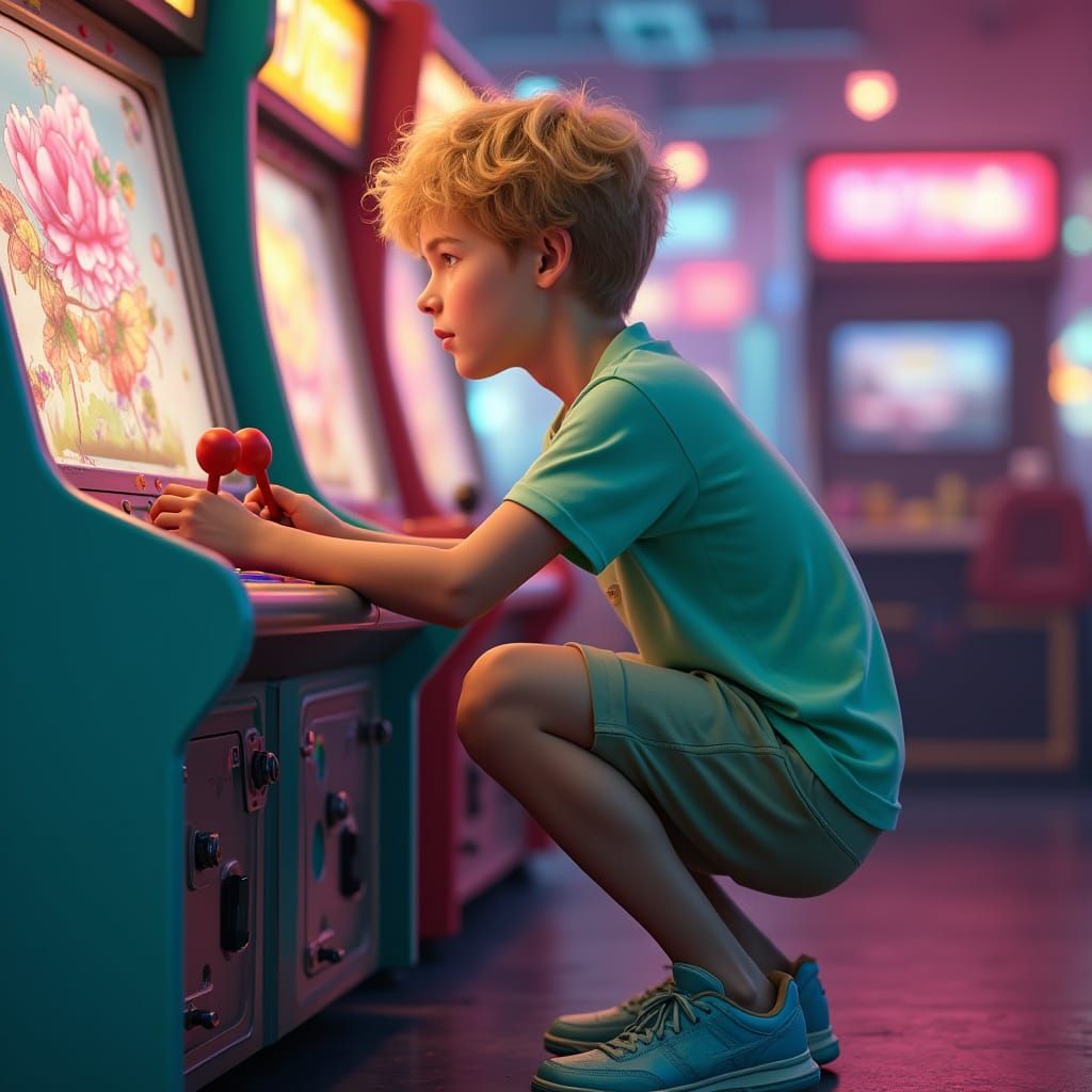 Teenage Boy at Arcade, Portrait in Dynamic Lighting