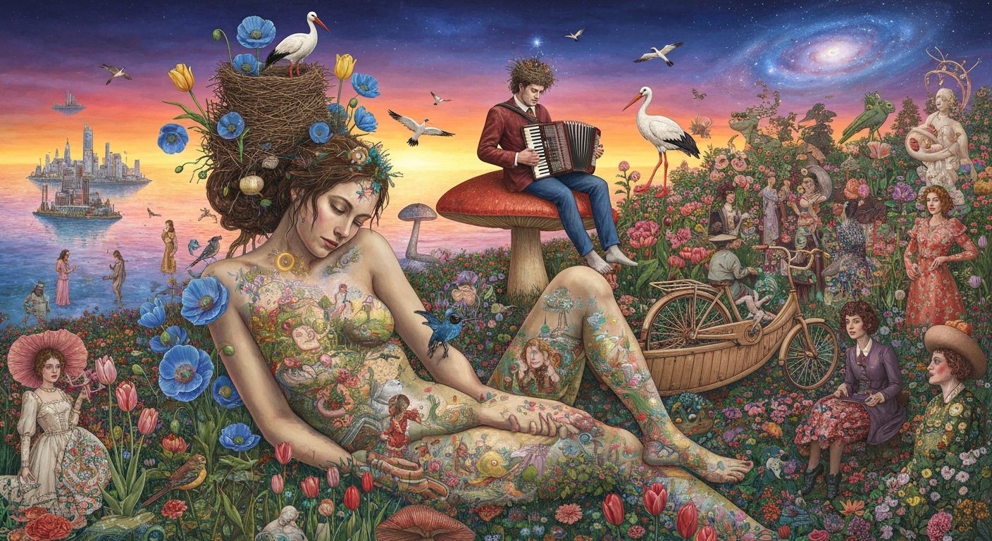 Cosmic Woman with Flowers, Birds, and Celestial Scenery