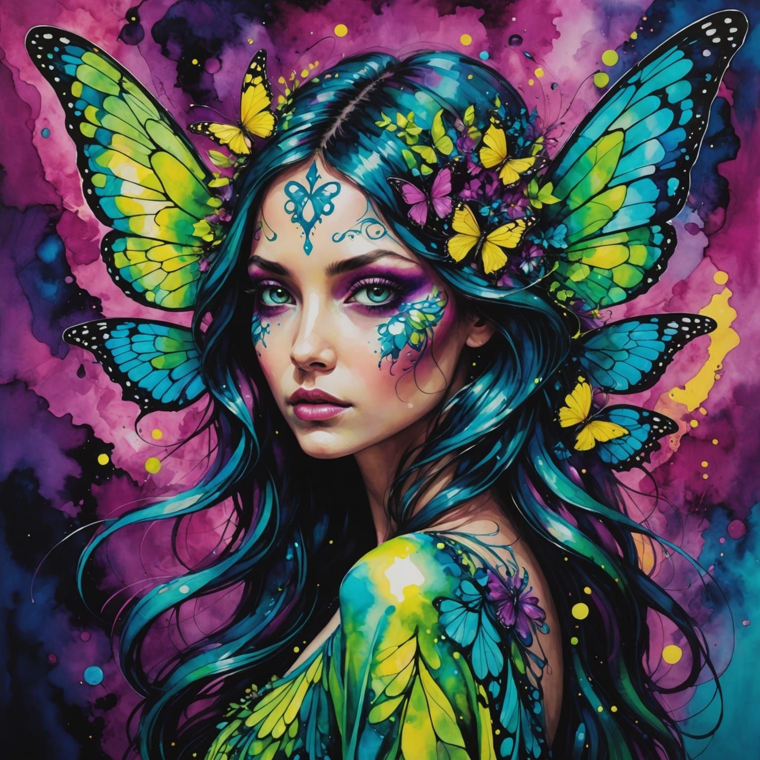 Mystical Fairy with Butterfly Wings in Alcohol Ink Explosion