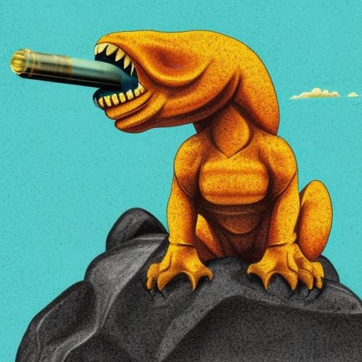 Chibi Tyrannosaur Sips Cola in Jungle River at Sunset