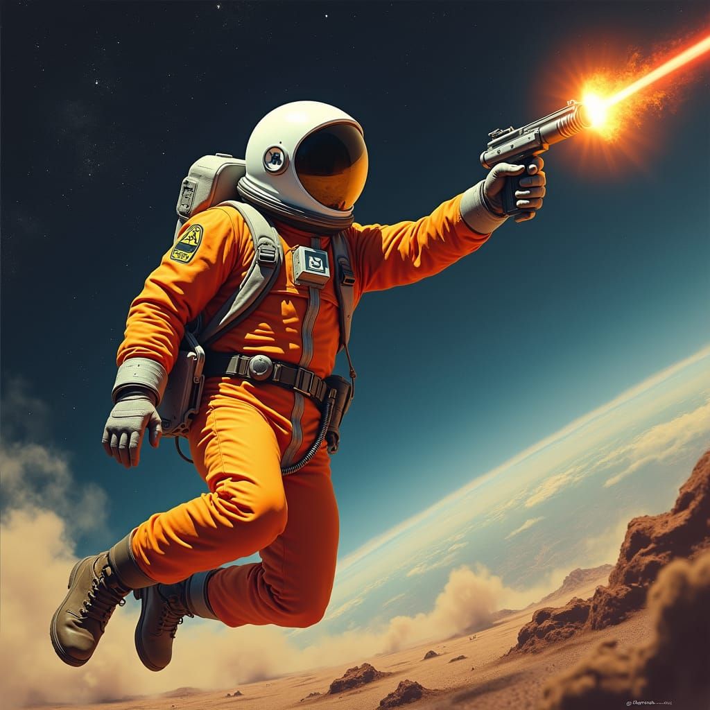 Space Cowboy Blasting Missile in Space