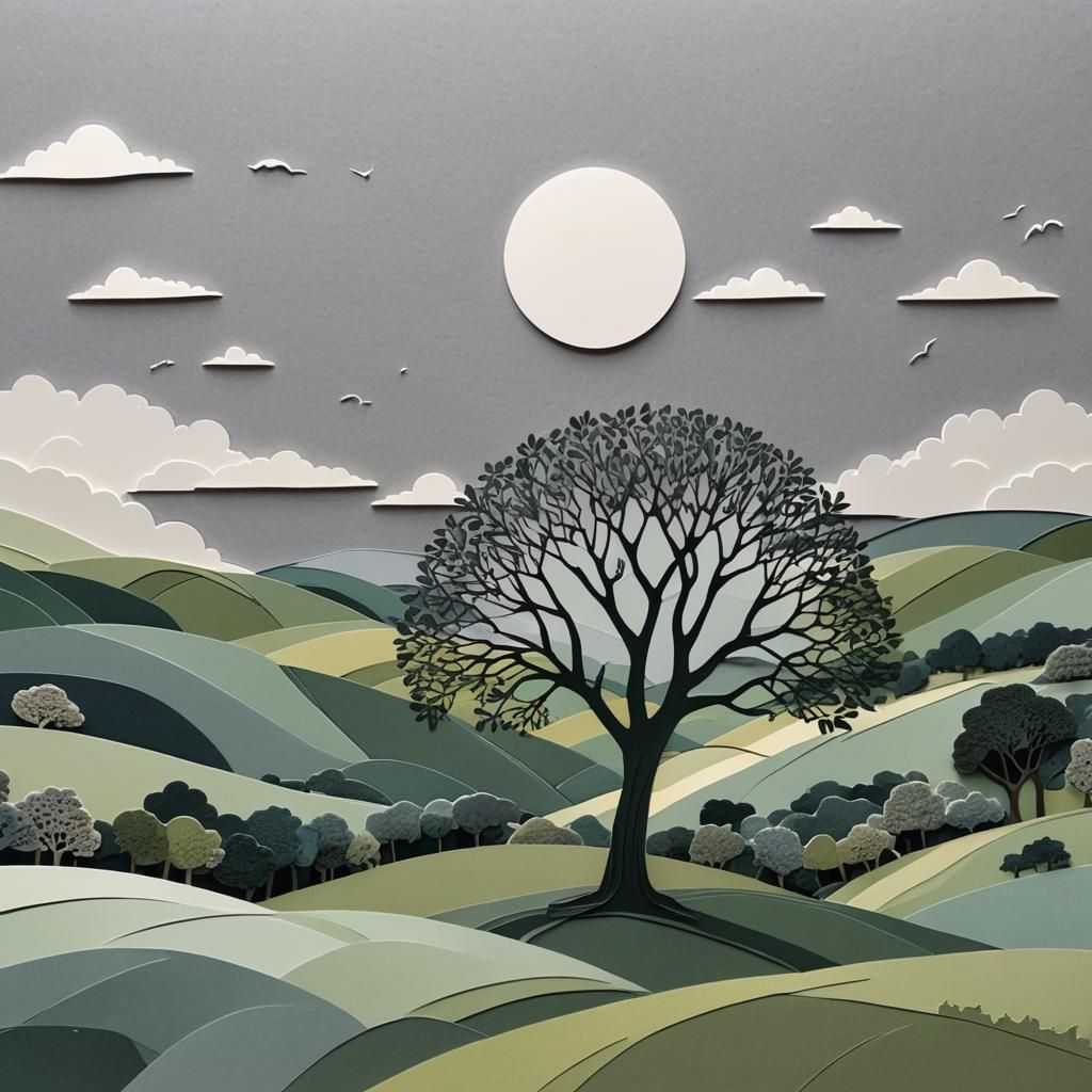 Lone Tree in Rolling Hills as Papercut Art