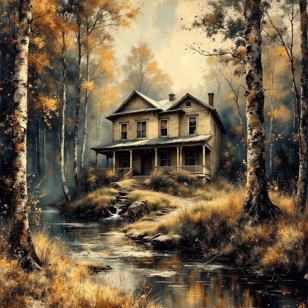 Dreamy Forest House in Glitch Art Style