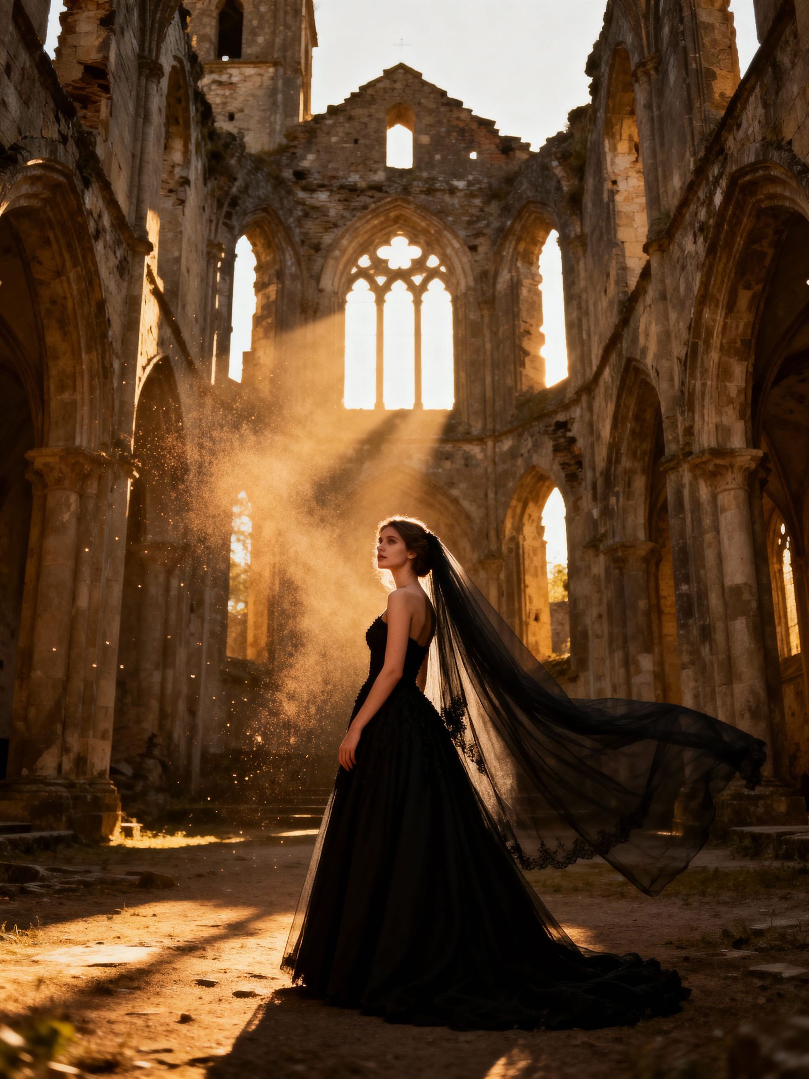 Bride in Black Dress at Ruined Church During Golden Hour