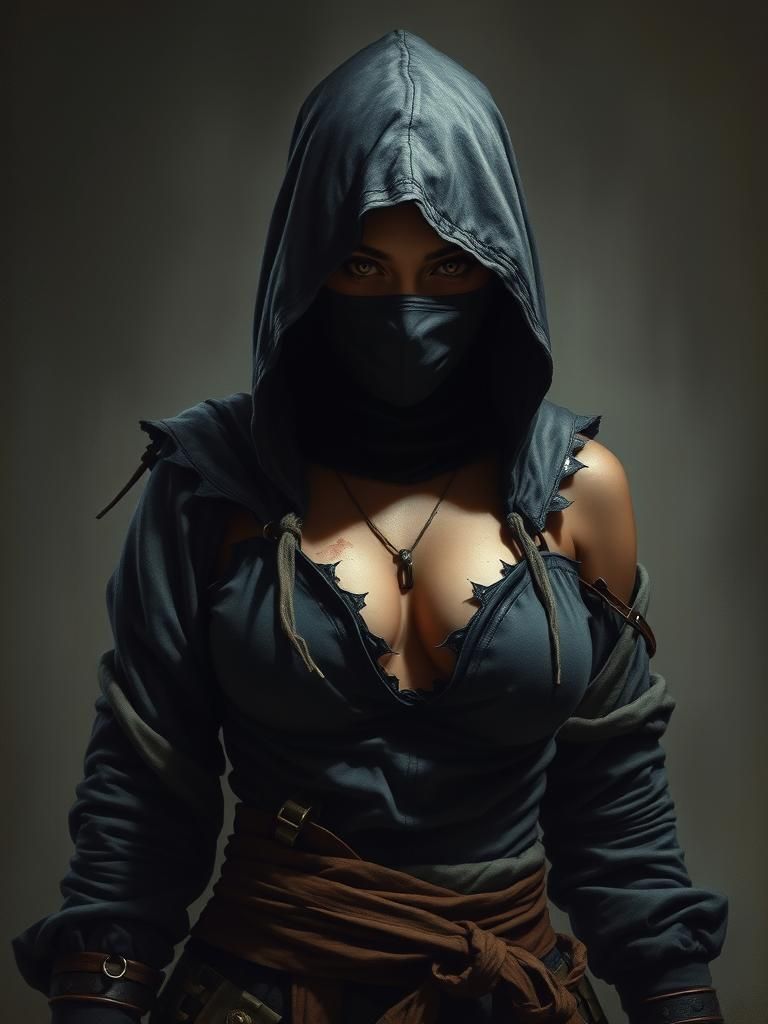 Renaissance Oil Painting: Ninja Assassin in Shadows
