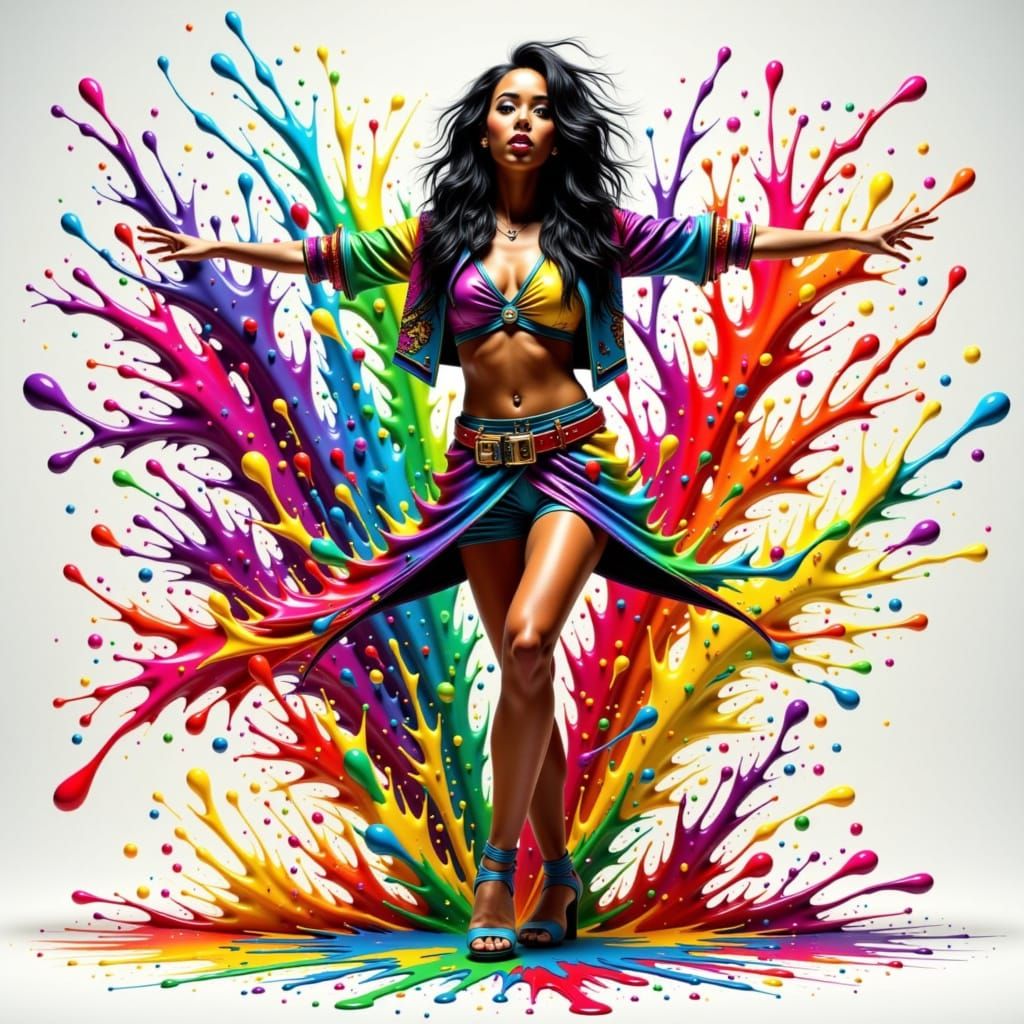 Energetic Woman Dancing in Paint Splatter Style
