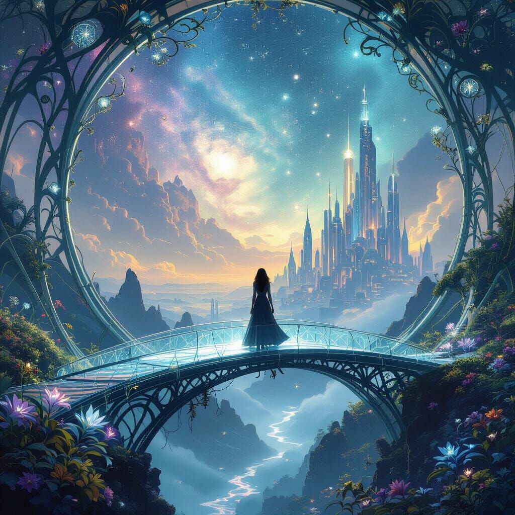 Woman on Crystalline Bridge Under Nebula Sky