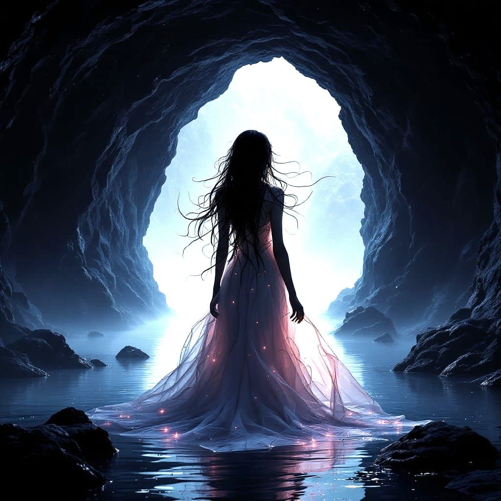 Ethereal Woman in Dark, Flooded Cave