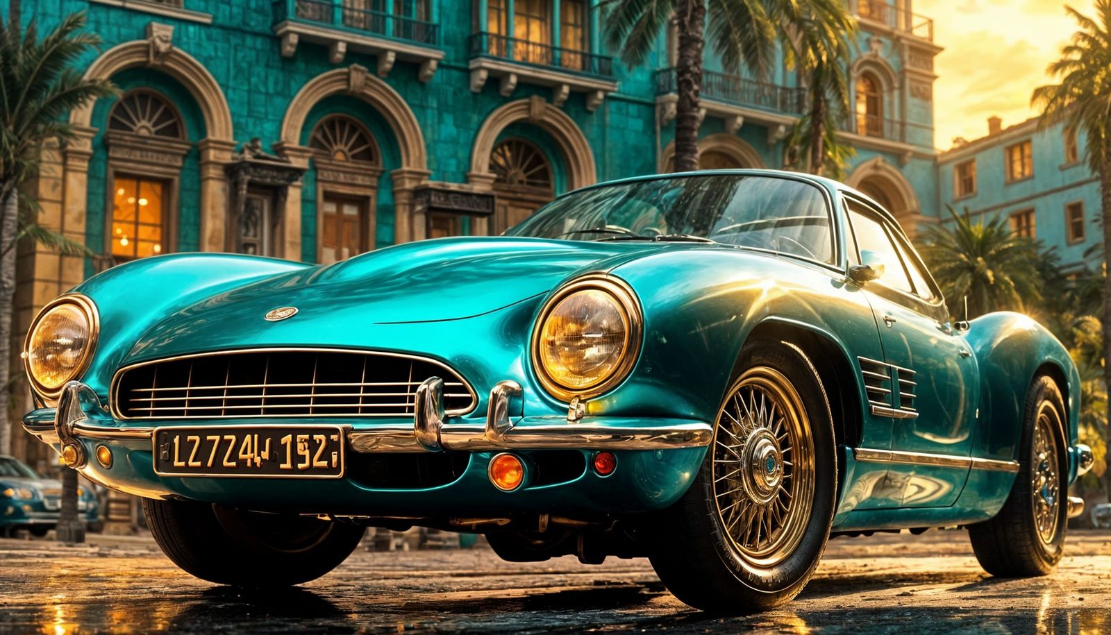 Turquoise Car Close-Up with Golden Sunset in Digital Art