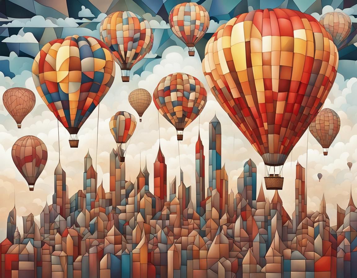 Fantasy Hot Air Balloons in Abstract Cubism Style