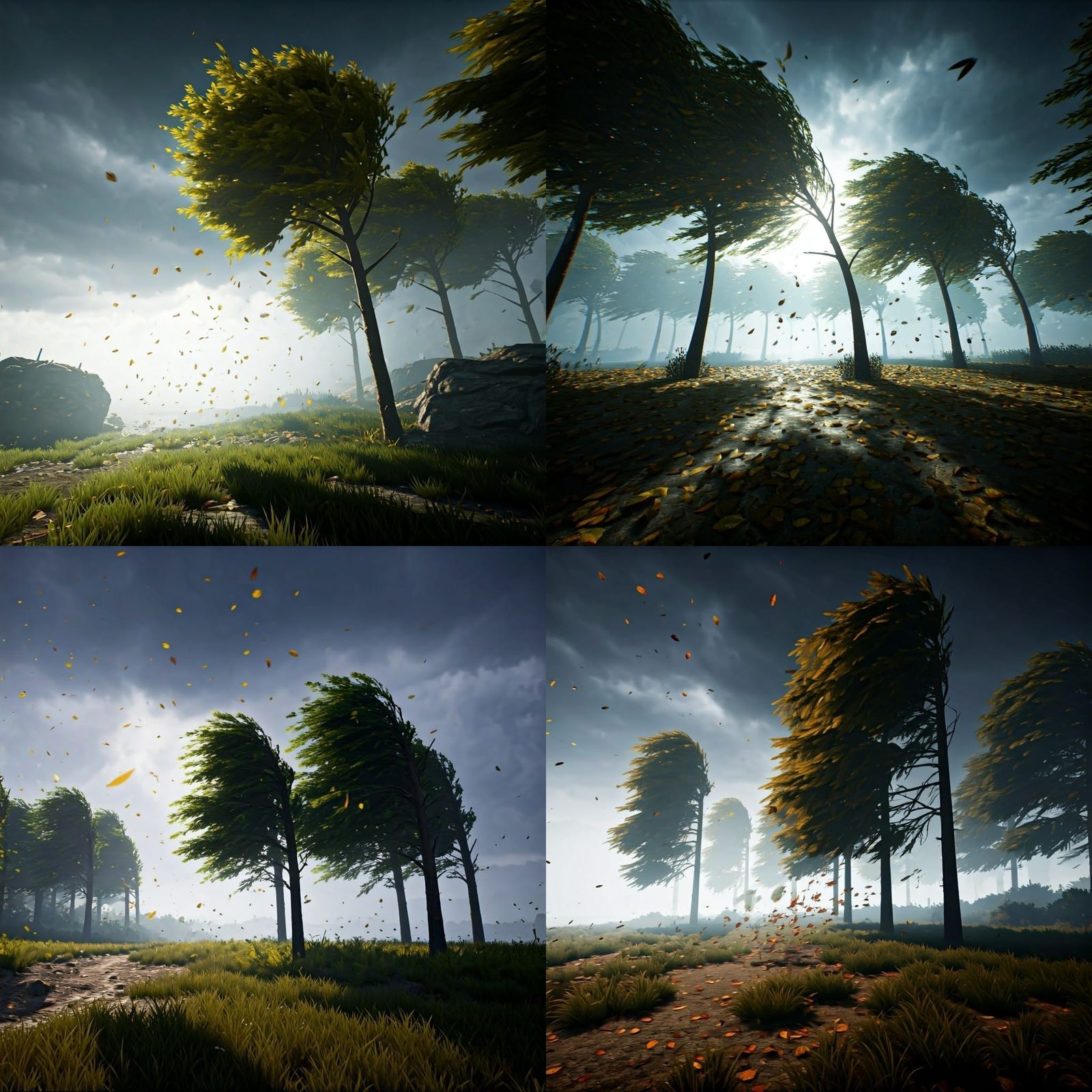 Dramatic Storm Scene with Swirling Leaves