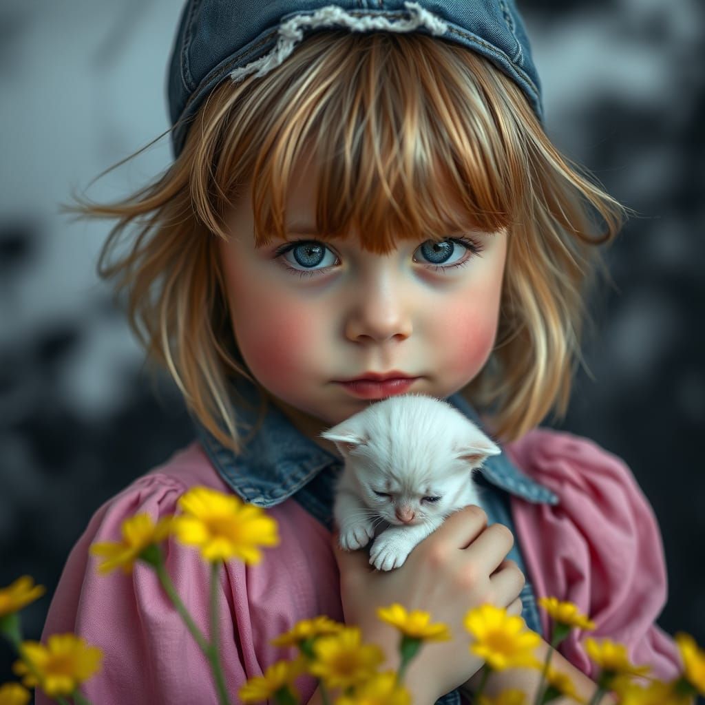 Whimsical Girl with Kitten in Vibrant Bloom