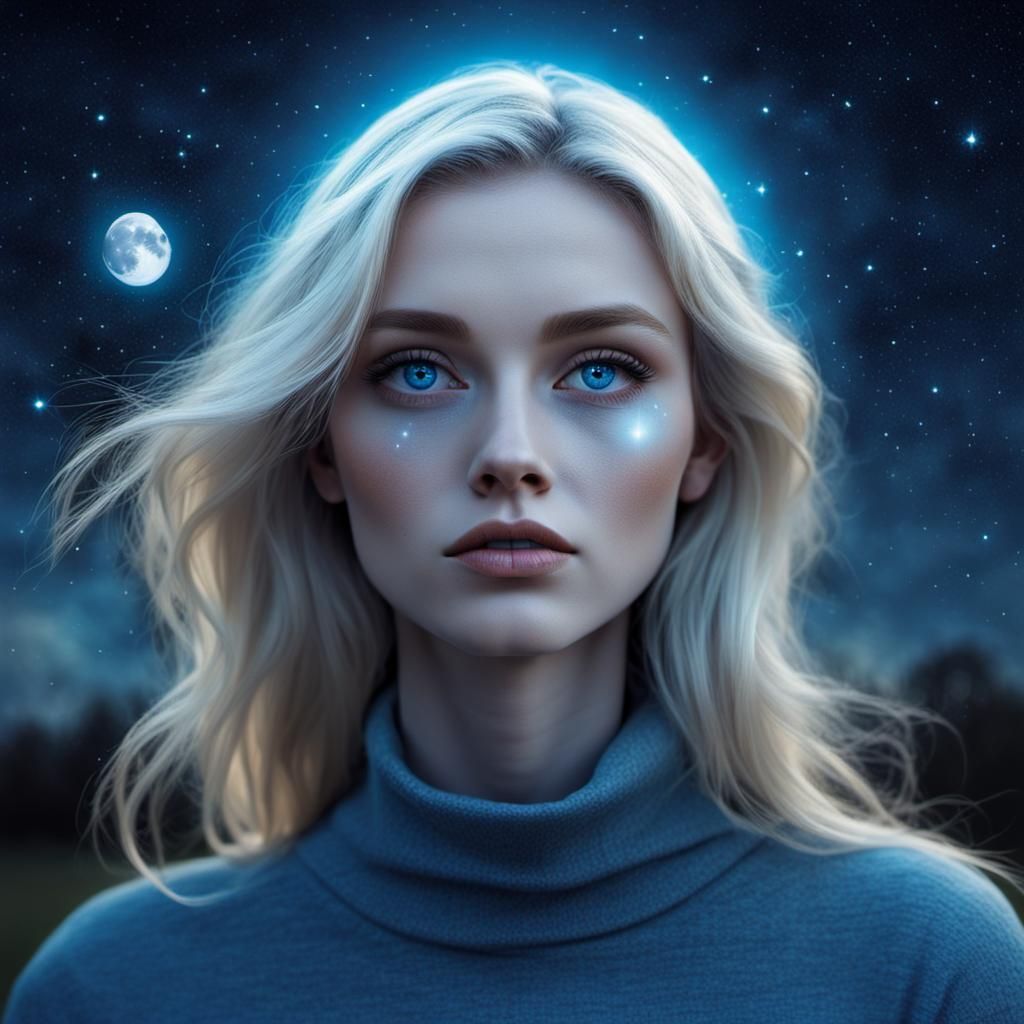 Girl Fades Into Moonlit Starry Sky