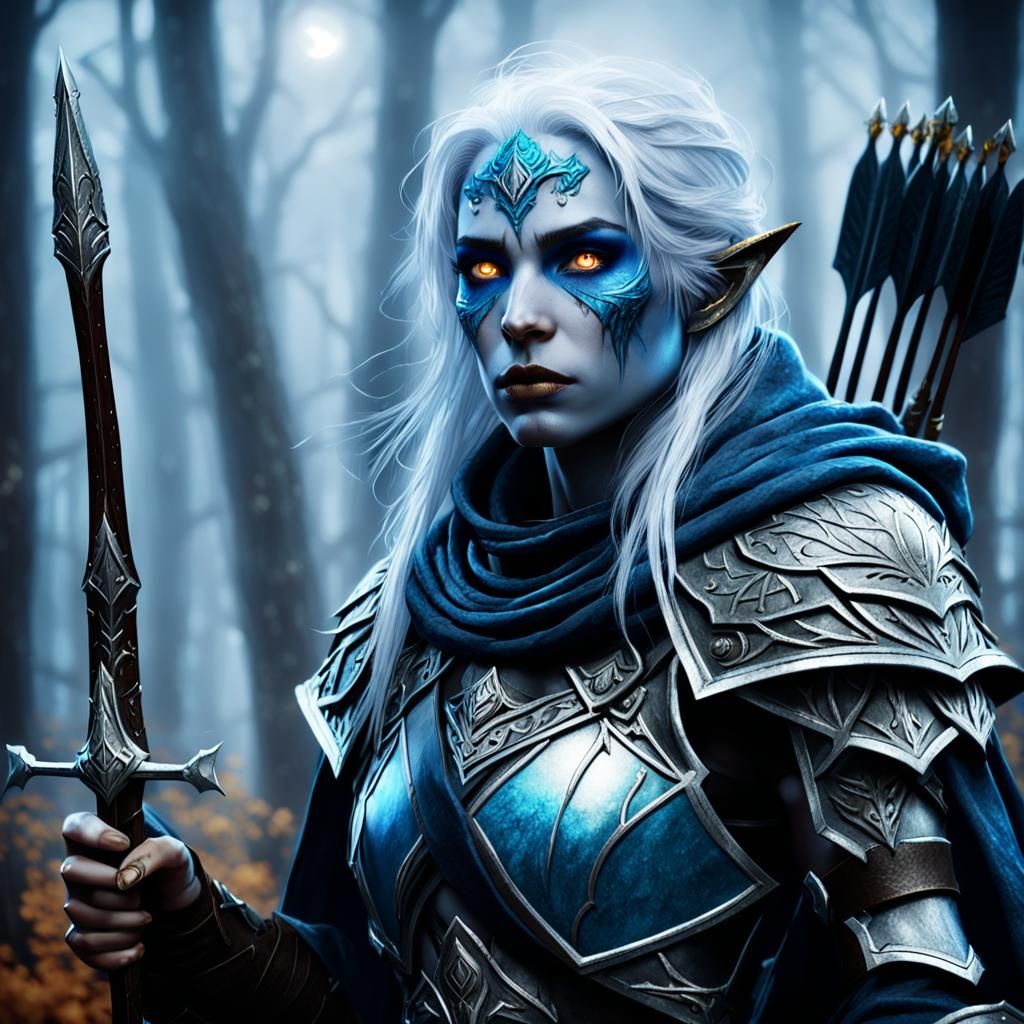 Glowing Blue Elf Ranger in Ornate Leather Armor