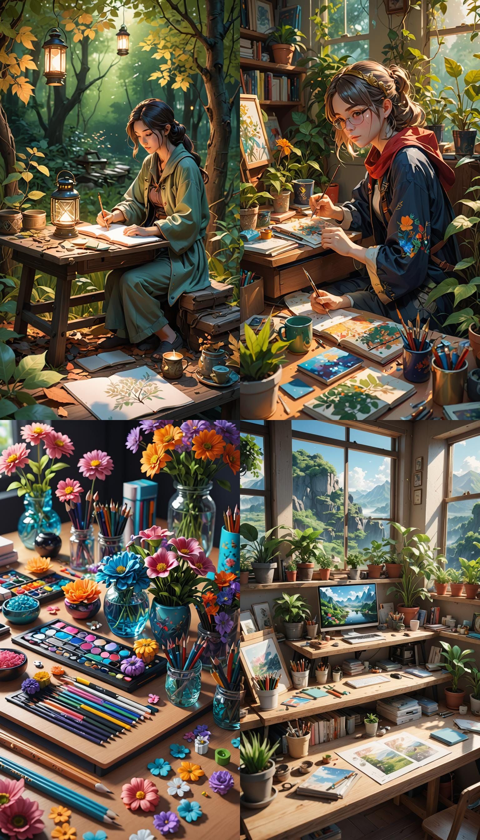 Anime Art and Nature Workspace Design