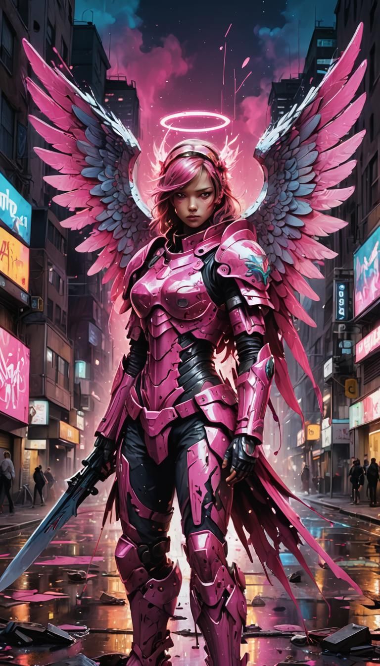 Pink Armored Angel in City Graffiti Art