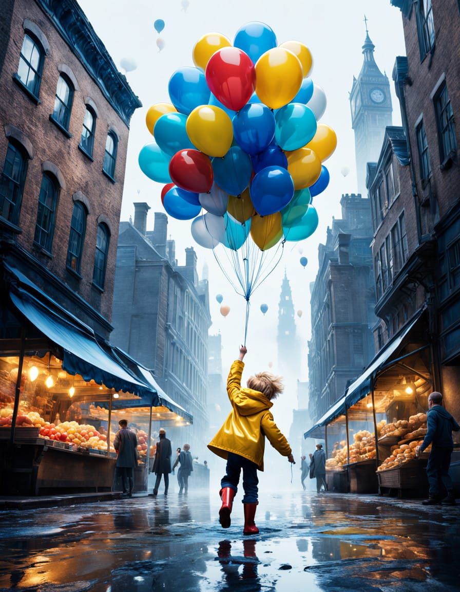 Whimsical Boy Floats Away with Vibrant Balloons in City Stre...