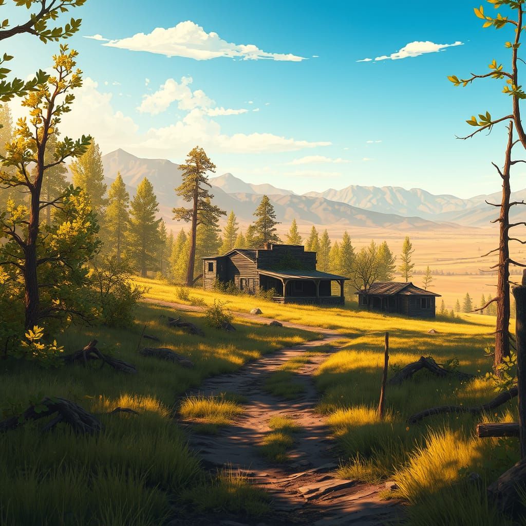 Post-Apocalyptic Woodland Scene in Vibrant Anime Style